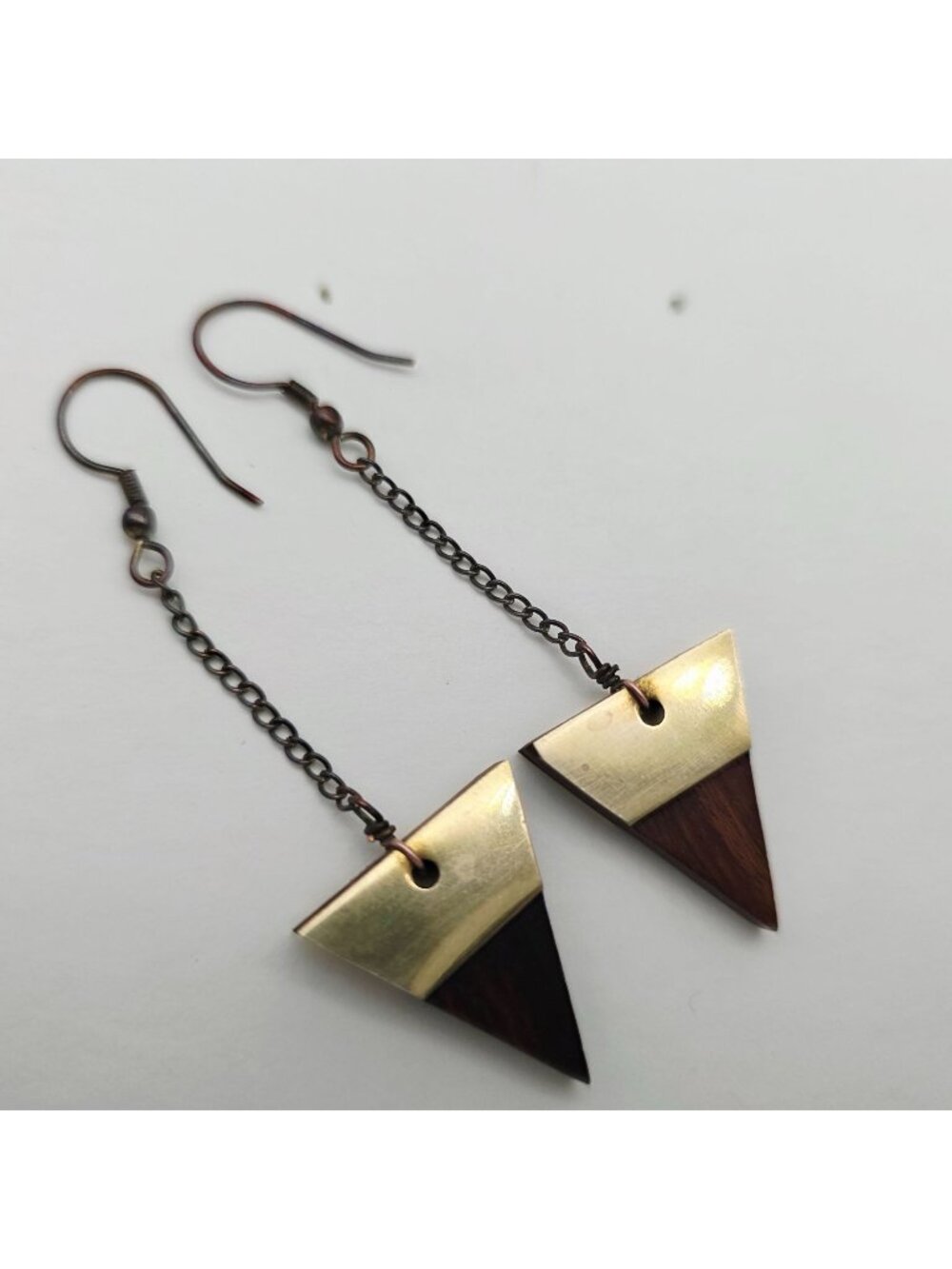 Geometric Brass & Wood Triangle Dangle Earrings Chain Drop Lightweight Boho